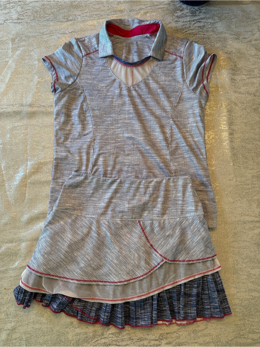Lucky in Love Light Blue Short Sleeve Collared Tee with Pink Trim